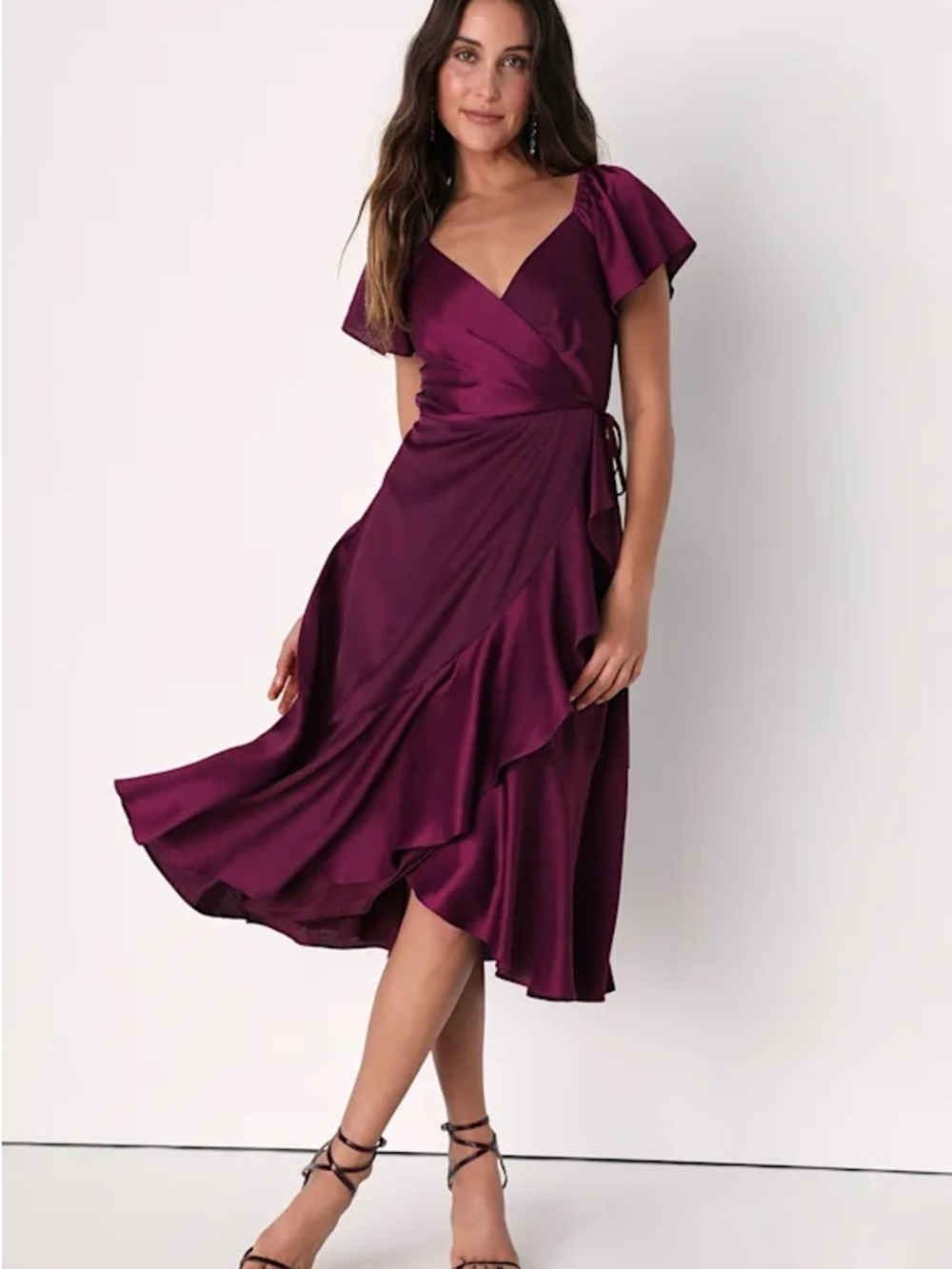 NWT: Lulu's Plum Ruffle-Trim Midi Wrap Dress